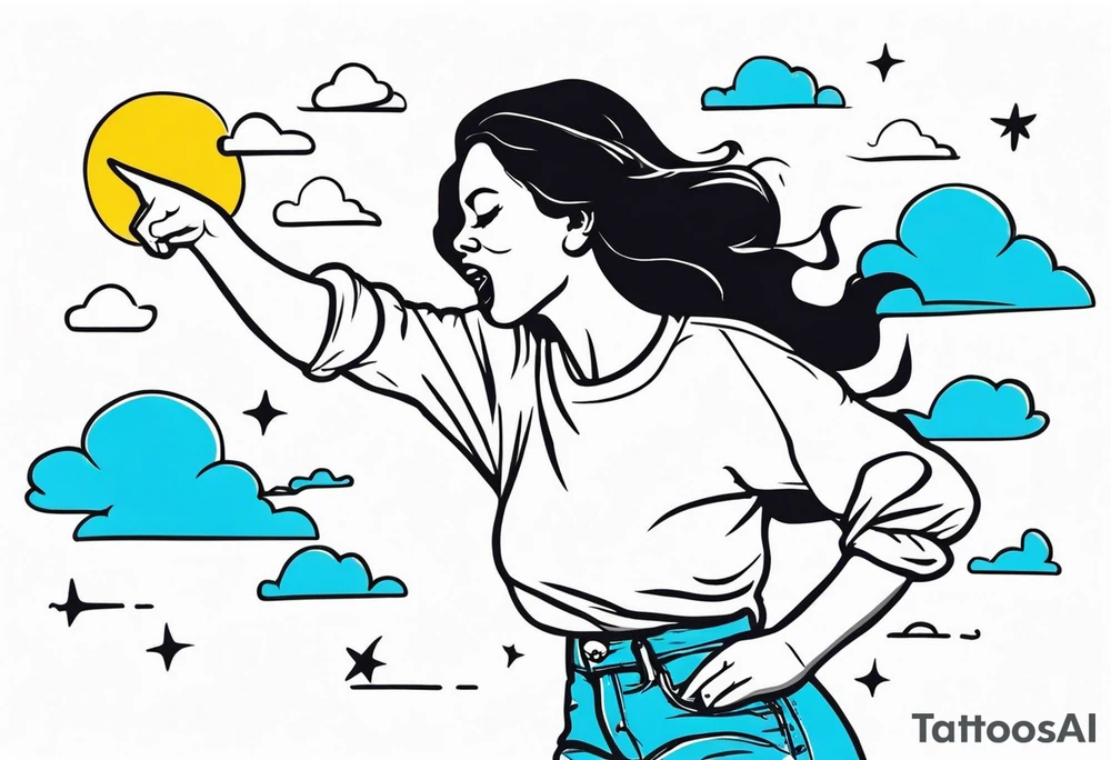 Silly. odd woman ugly dancing pointing her fingers up in the sky tattoo idea