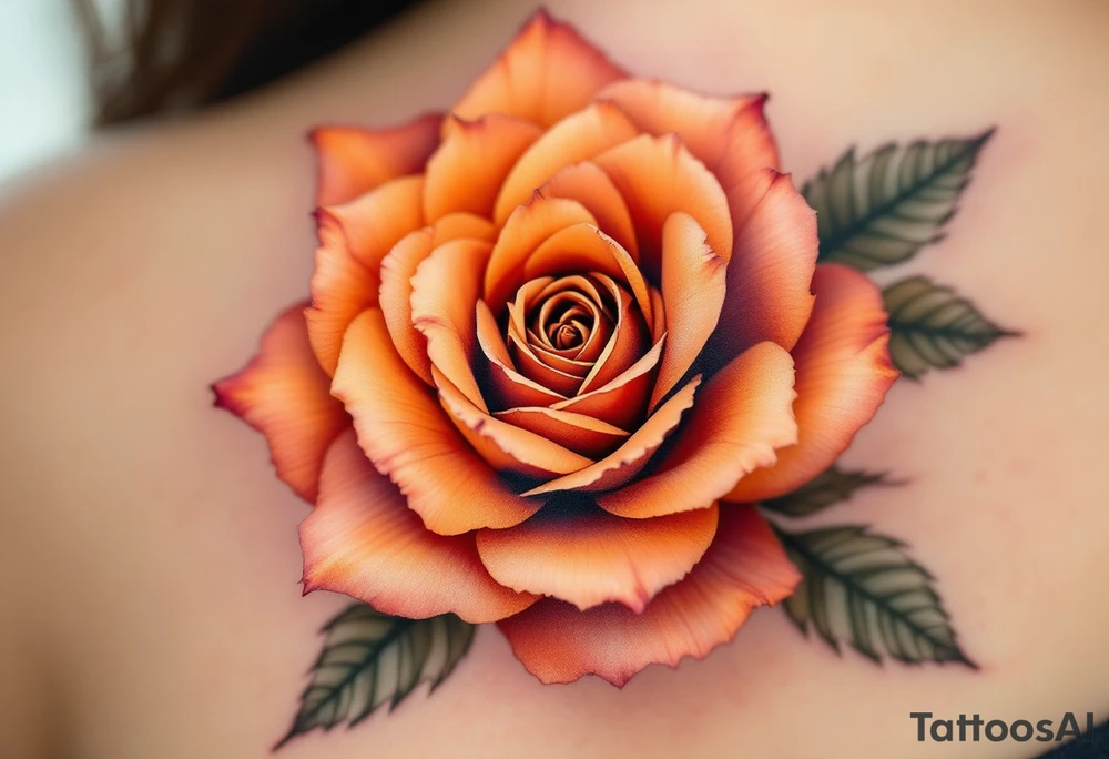Realistic mini roses head in orange hues, showing delicate petal layers with no stem, ideal for clavicle or wrist. tattoo idea