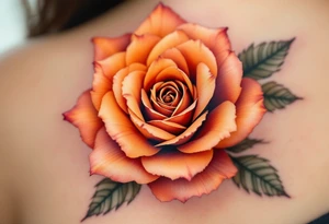 Realistic mini roses head in orange hues, showing delicate petal layers with no stem, ideal for clavicle or wrist. tattoo idea