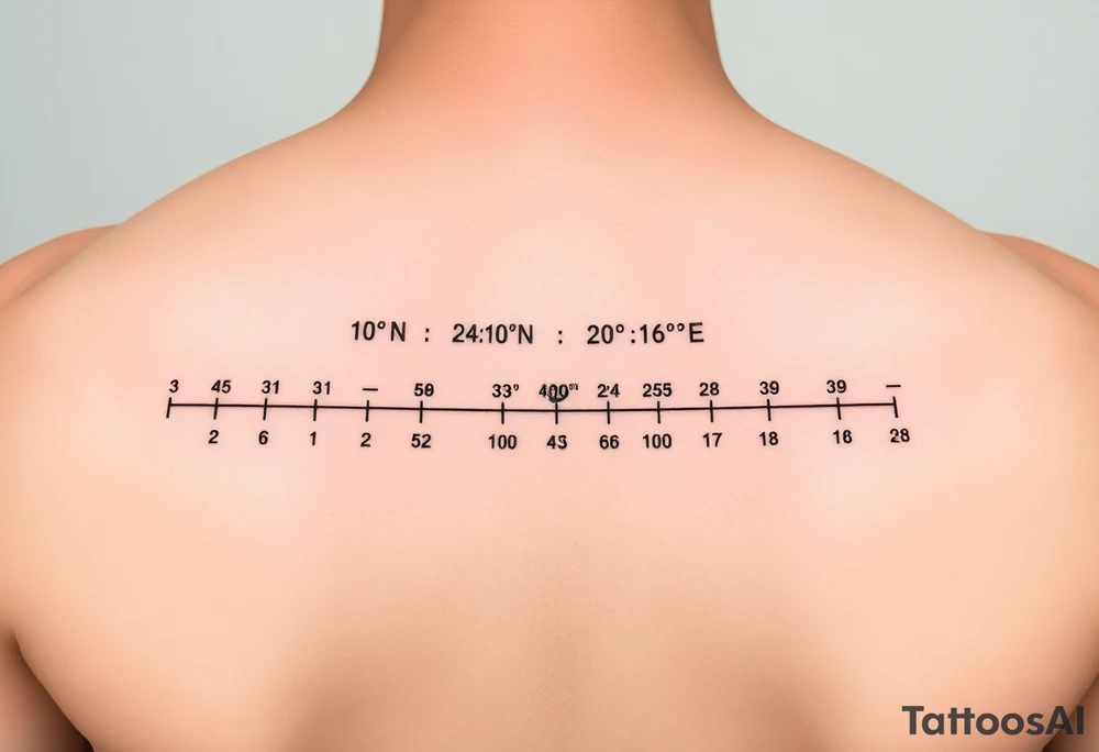 "24°10′N, 20°16′E". Below the second dot, write: "53.4084°N, 2.9916°W". Above each coordinate, place a small circle or marker dot to signify key points. Beneath the entire timeline, add a single row of visual Morse code symbols using only dots (●) and dashes (—), arranged like this: — ● — ●   ● —   ● — ●   — — —   ● — ● ●   ● ●   — ● ●   ● — tattoo idea