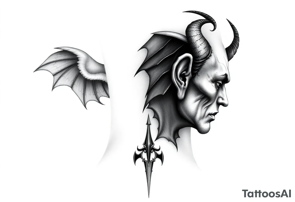 position behind the neck Angel (on the right) whispering in the right ear, demon (on the left) whispering in the left ear. It must be as realistic as possible. tattoo idea