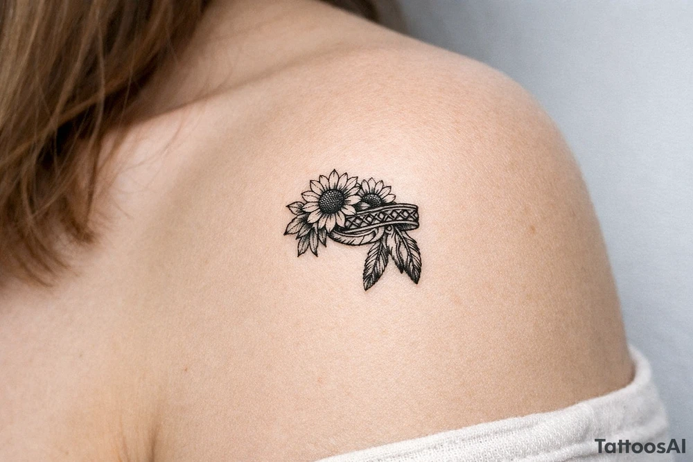 sunflowers with feathers and female Indian headband ribbon tattoo idea