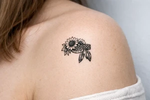 sunflowers with feathers and female Indian headband ribbon tattoo idea
