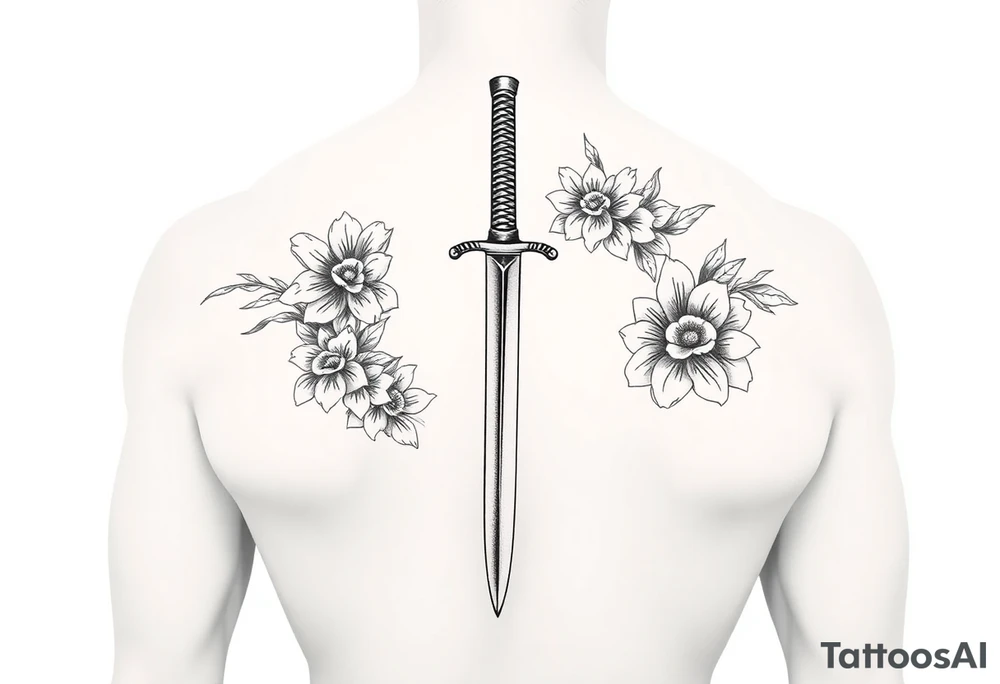 Masculine Japanese sword with flowers around it forearm tattoo idea