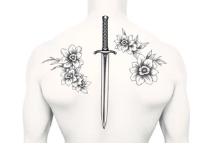 Masculine Japanese sword with flowers around it forearm tattoo idea