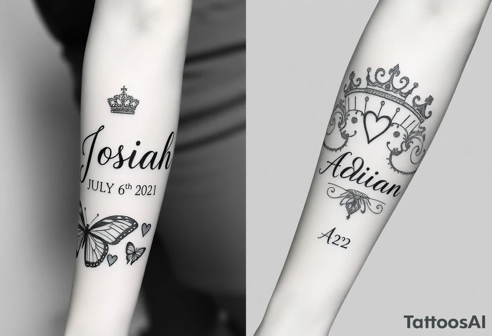 Feminine womens tatto that starts as sleeve and goes down to ankle and in tattoo the names JOSIAH in cursive written with the date July 6th 2021 in roman numerals AND NEXT TO NAME A PRINCE CROWN and butterfly's and the cancer zodiac number in between with the capricorn sing in between and hearts and the next part lower part of tatto the name ADIAN WITH THE DATE March 10th 2023 IN ROMEN NUMERALS WITH A SMALLER PRINCE CROWN THEN THE JOSIAHS CROWN AND THEN LITTLE BUTTERFLYS WITH THE PACIES ZODIAC SING IN AND THE CAPRICORN ZODIAC SIGN BOTH SMALL AND IN BETWEEN THE BUTYERFLYS AND HEARTS MAKE IT MIX TOGTHER DO THE SAME WITH THE CANCER AND CPROCORN SIGN ABOVE tattoo idea