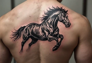 A wild black horse running across the ribs, capturing untamed and fierce freedom. tattoo idea