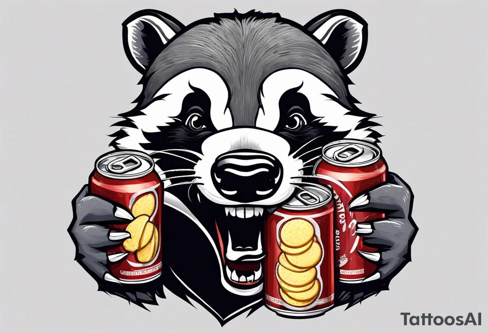 Angry badger with mouth open with soda can and chips in hands tattoo idea