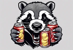 Angry badger with mouth open with soda can and chips in hands tattoo idea