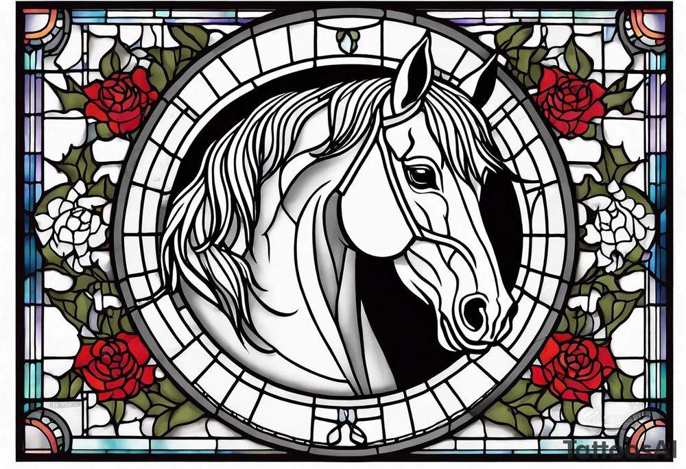 a stained glass window with a horse's head, a Scottish thistle, and a banner for a quote. tattoo idea