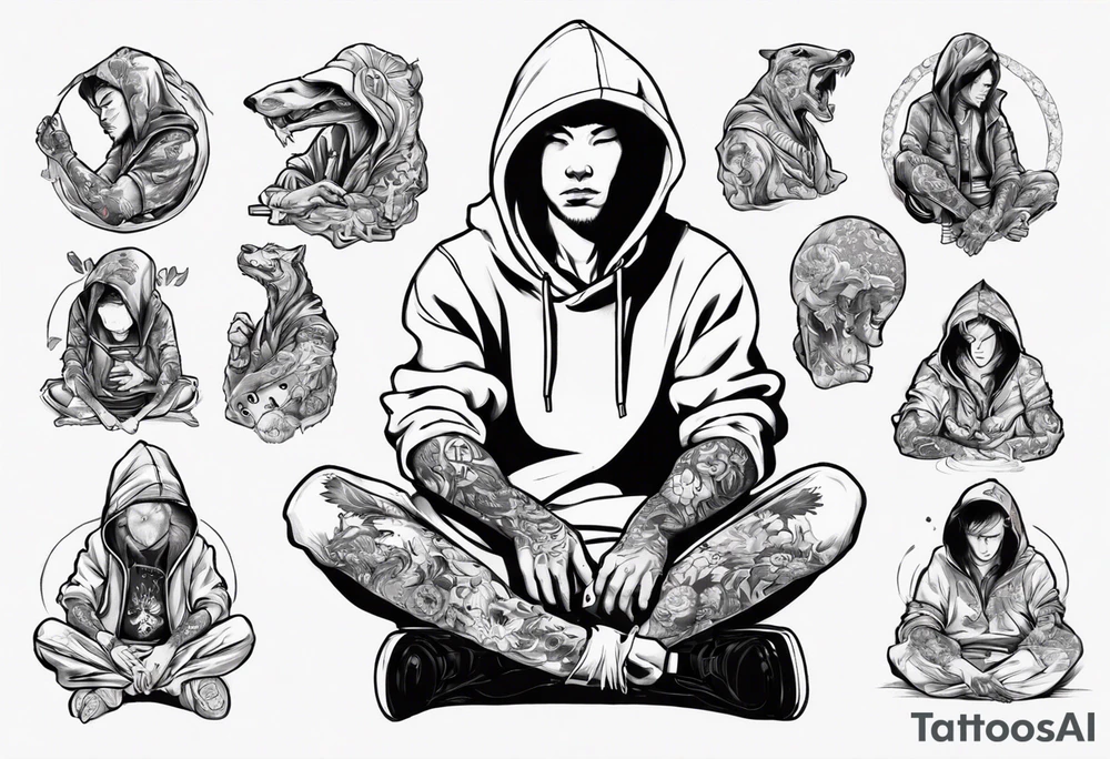Guy wearing a hoodie sitting. tattoo idea