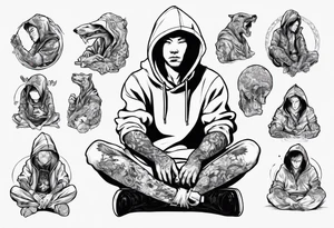 Guy wearing a hoodie sitting. tattoo idea
