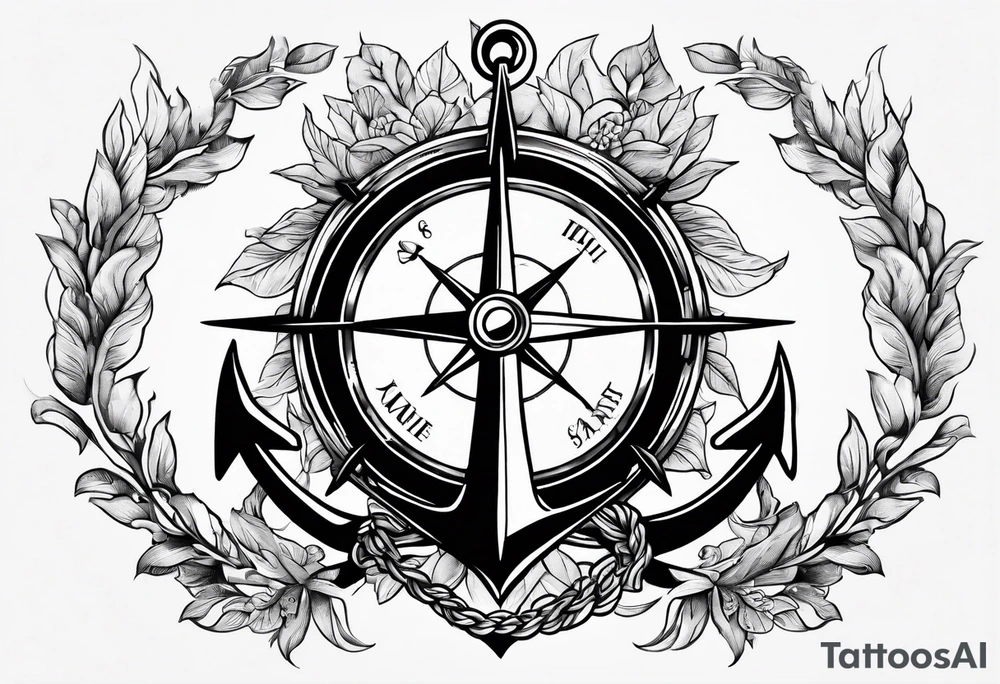 A selucid style anchor in front of a compass and a narrow laurel wreathe wrapped around the compass tattoo idea