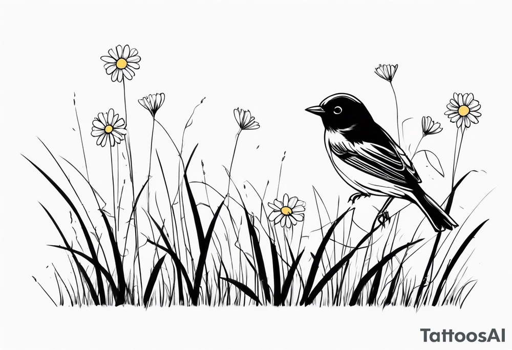 little bird perched on tall grass in a daisy tattoo idea