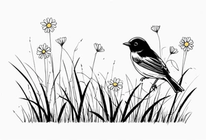 little bird perched on tall grass in a daisy tattoo idea
