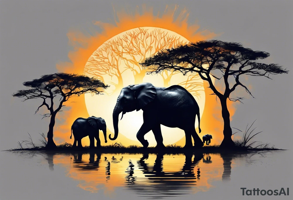 “AI, can you create a unique tattoo design for me? I envision three elephants – a small one in the front, the dad behind, and the mom behind the dad. I’d like the background to feature a rising sun and an African tree. Feel free to add your artistic touch and details to make it special.” tattoo idea
