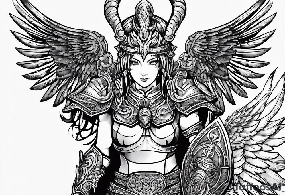 gladiator figure, ram horns, angel wings tattoo idea