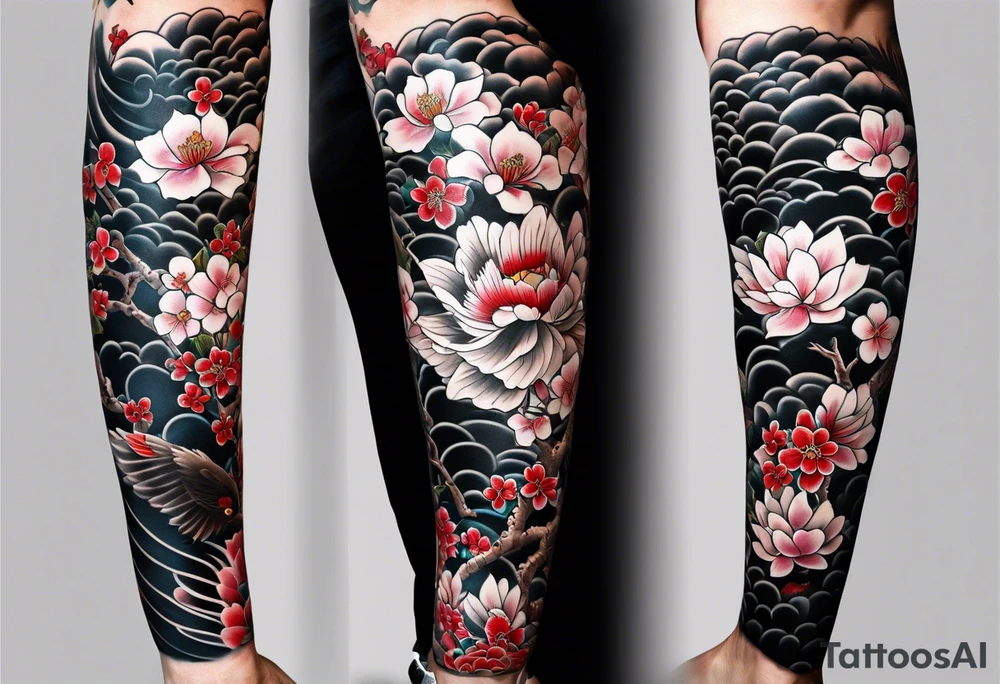 traditional irezumi tattoo. 
 full leg sleeve with the following elements: hawk and cherry blossoms tattoo idea