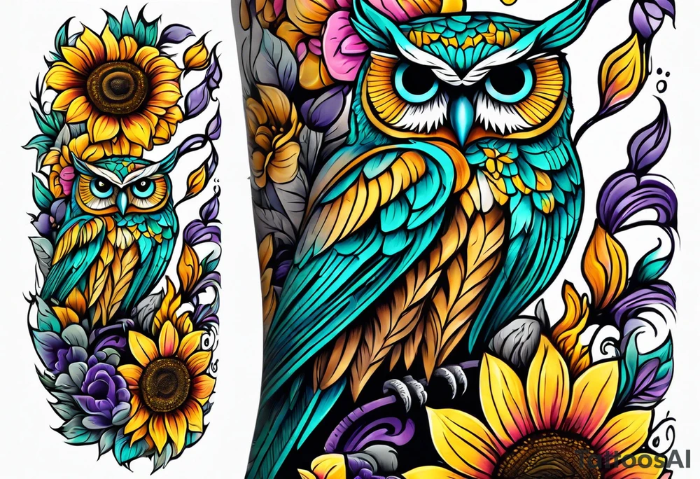 Leg Sleeve with teal, pink and purple owl and yellow sunflowers tattoo idea
