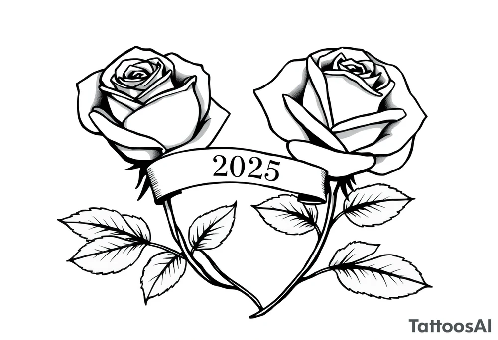 two beautiful large rose buds, one larger than the other, with many leaves next to the rose buds, with one sitting higher than the other. Include a banner connecting the two roses with the year "2025" on it.   Use dark outlines with little shading. The two stems should be short, not long, and connect and join into one stem, whimsically curved or twisted - not straight down. tattoo idea
