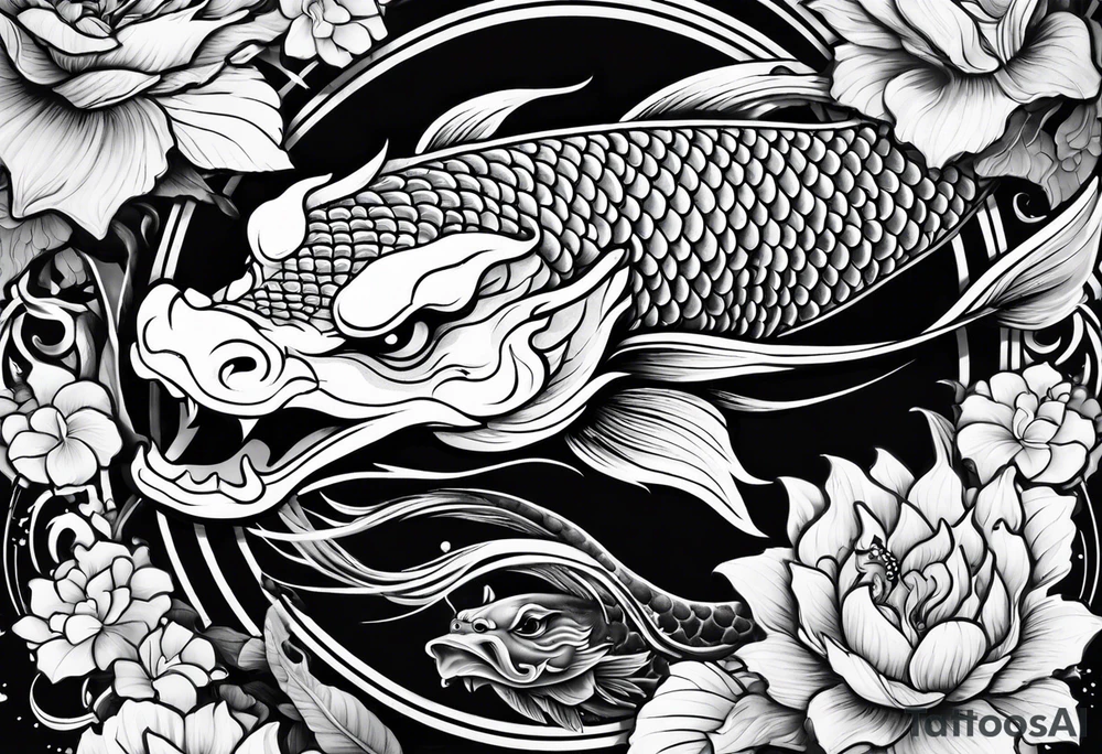 Dark skull and dragon  koi fish tattoo idea