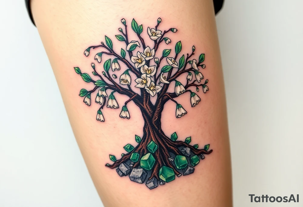 White Lilly of the vally bells growing around a blooming hawthorn  tree with emerald stones emerging from the ground tattoo idea