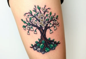 White Lilly of the vally bells growing around a blooming hawthorn  tree with emerald stones emerging from the ground tattoo idea