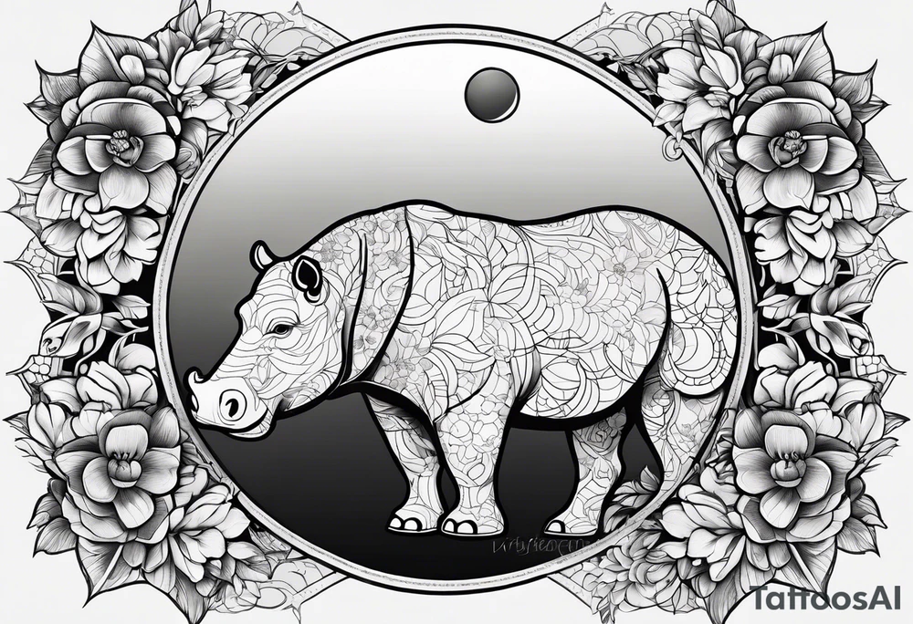 Very asymmetrical, +geometric pattern, with realistic full moon, with hippo head, wintersweet flower bud, +portrait orientation, tattoo idea