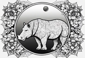 Very asymmetrical, +geometric pattern, with realistic full moon, with hippo head, wintersweet flower bud, +portrait orientation, tattoo idea