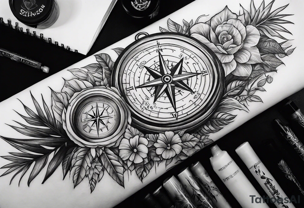 full arm sleeve tattoo with Vigvisir compass and all-seeing eye surrounded by jungle plants tattoo idea