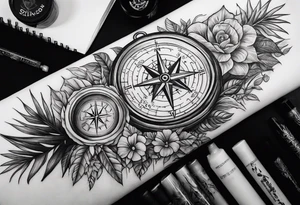 full arm sleeve tattoo with Vigvisir compass and all-seeing eye surrounded by jungle plants tattoo idea