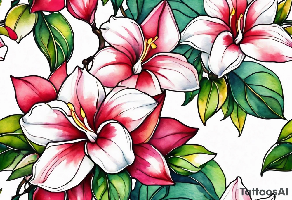 white background, abstract mandevilla flowers on a vine, part of it watercolor, part of it just line work tattoo idea