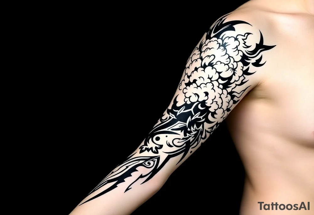 right arm sleeve, clouds and lightning mixed throughout, tattoo idea