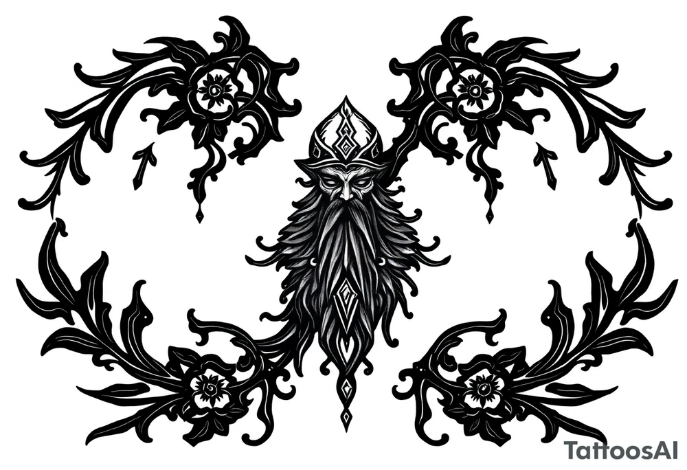 mystical dark and long ornament with shaman and witch mytolog and ancient rhyme tattoo idea