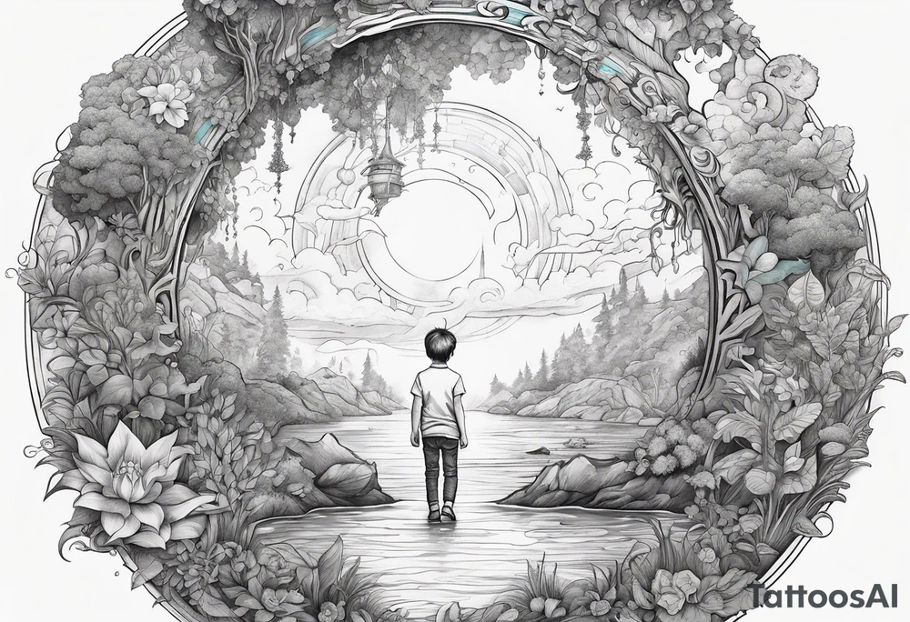 a small boy entering a portal to a fantasy world filled with nature tattoo idea