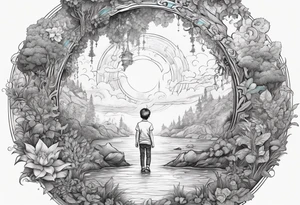 a small boy entering a portal to a fantasy world filled with nature tattoo idea