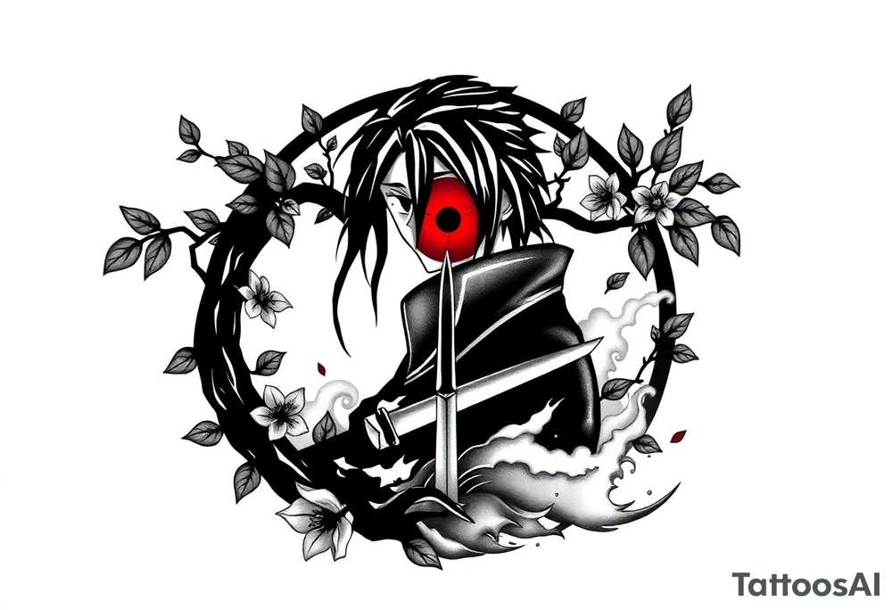 Tattoo design with a calm and motivating atmosphere. Centered around Itachi Uchiha in a protective pose with a gentle Sharingan eye, radiating subtle red chakra energy. Add a kunai knife resting peacefully in the ground surrounded by flowing leaves and wind. Incorporate soft natural elements like cherry blossoms, water waves, and sunlight breaking through clouds. Optional silhouette of a Naruto-style friendship moment to represent trust and loyalty. Style should be black and grey with touches of warm red, gold or soft blue – artistic, emotional, and full of strength, endurance and hope tattoo idea