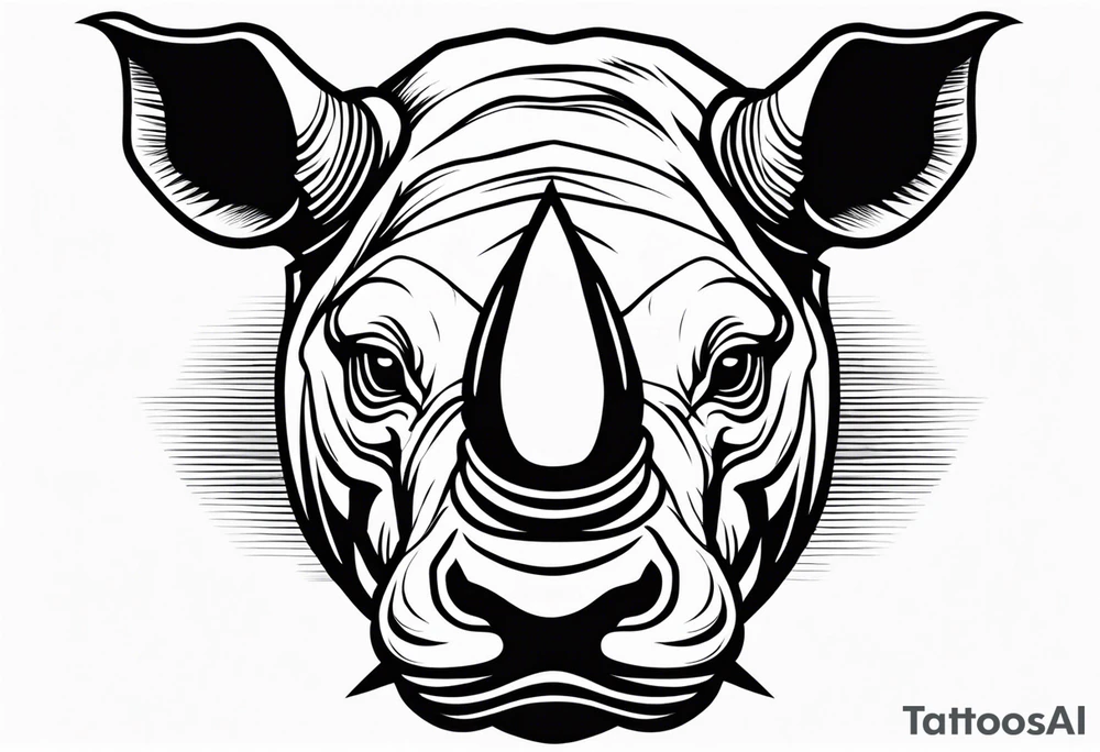 A front-facing rhino head with a sharp elongated tusk that is angry and fierce. Ears pointed straight up and forward a bit. Eyes that pierce your soul. A snarling jowel tattoo idea