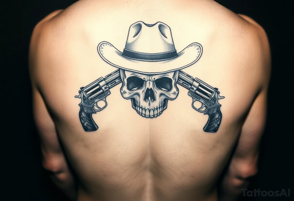 skull with cowboy-hat beneath two guns. tattoo idea