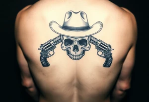 skull with cowboy-hat beneath two guns. tattoo idea