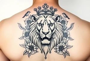 powerful majestic lion with a crown, surrounded by floral ornaments and birds tattoo idea