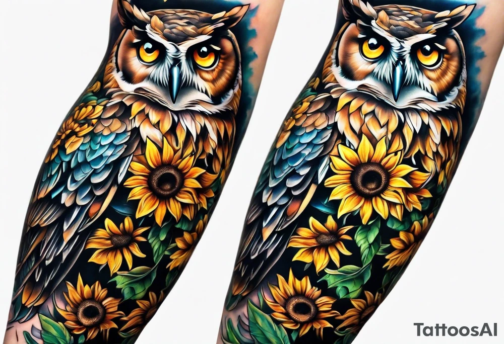 Arm sleeve with owl and sunflowers tattoo idea