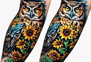 Arm sleeve with owl and sunflowers tattoo idea