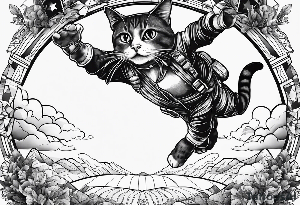 cat going skydiving with no chute open tattoo idea