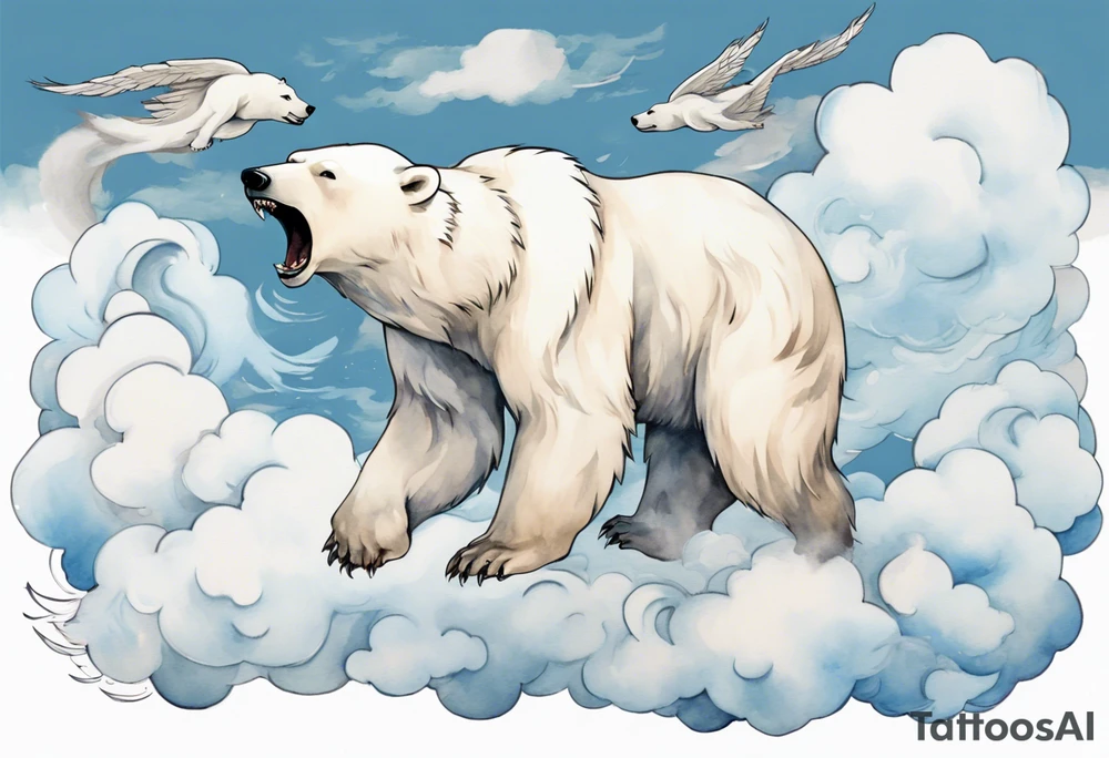 a winged polar bear, standing on clouds blowing wind from his mouth tattoo idea
