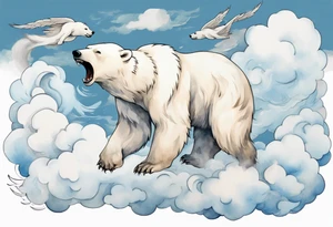 a winged polar bear, standing on clouds blowing wind from his mouth tattoo idea