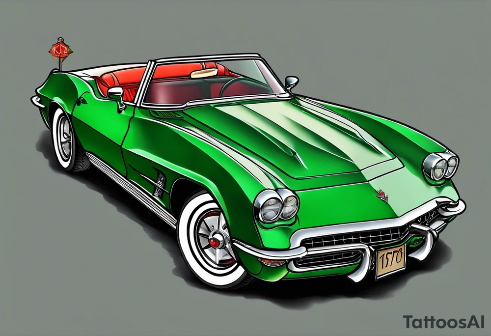 Skeleton smoking a cigarette driving a green 1976 convertible Corvette tattoo idea