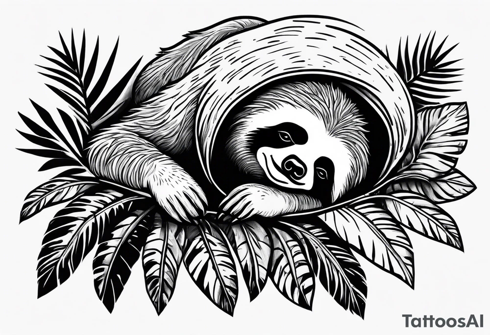 Sloth sleeping under palm tattoo idea