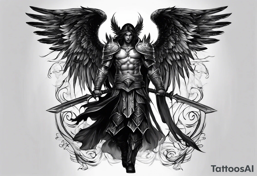 warrior angel in black standing tattoo idea