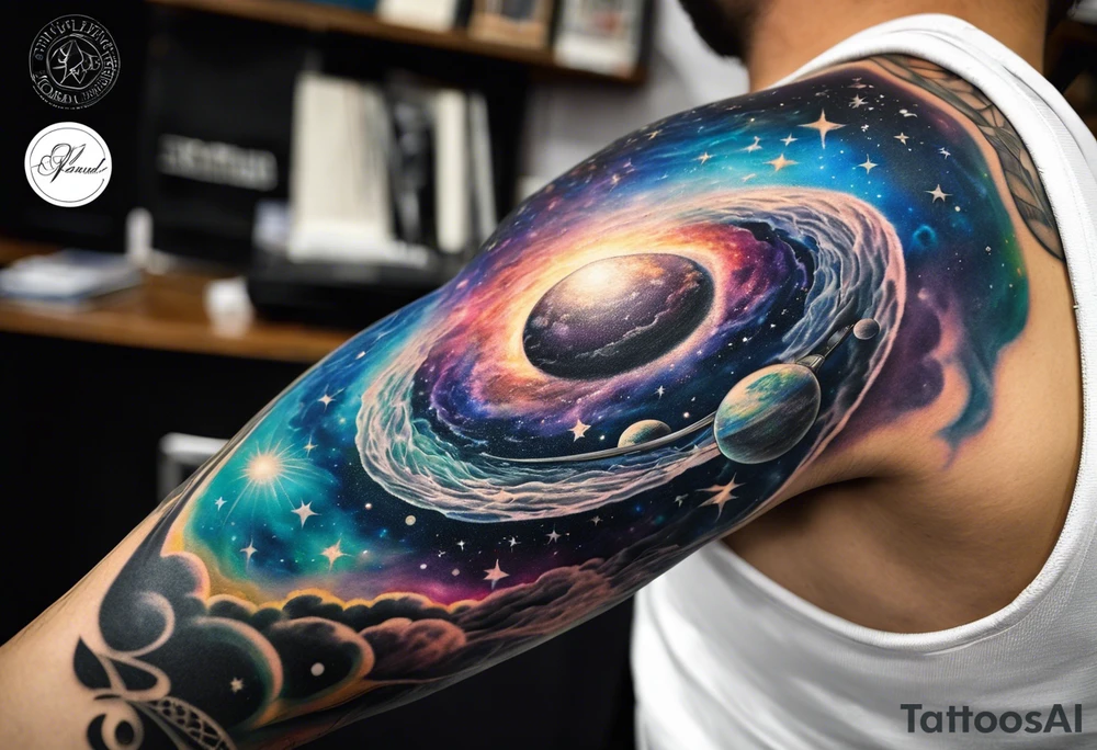 Half sleeve tattoo of a galaxy orbiting. tattoo idea